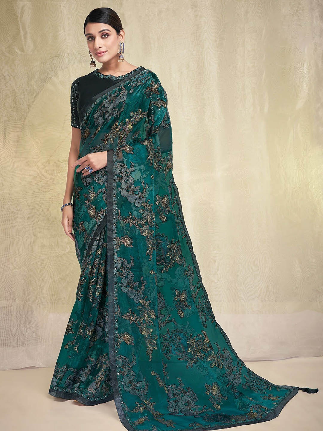 

ODETTE Floral Embroidered Saree, Sea green