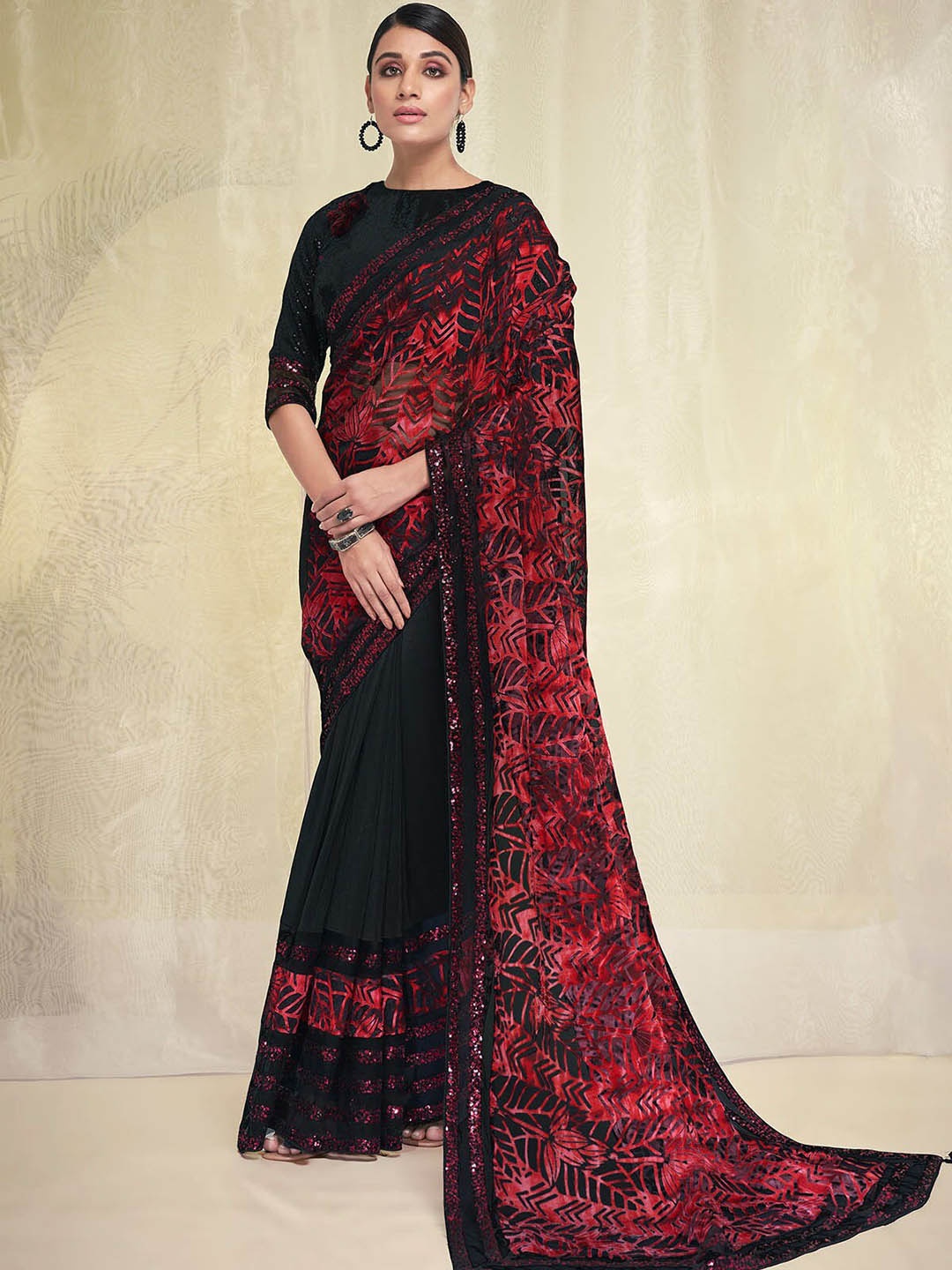 

ODETTE Abstract Printed & Sequinned Poly Georgette Half and Half Saree, Red