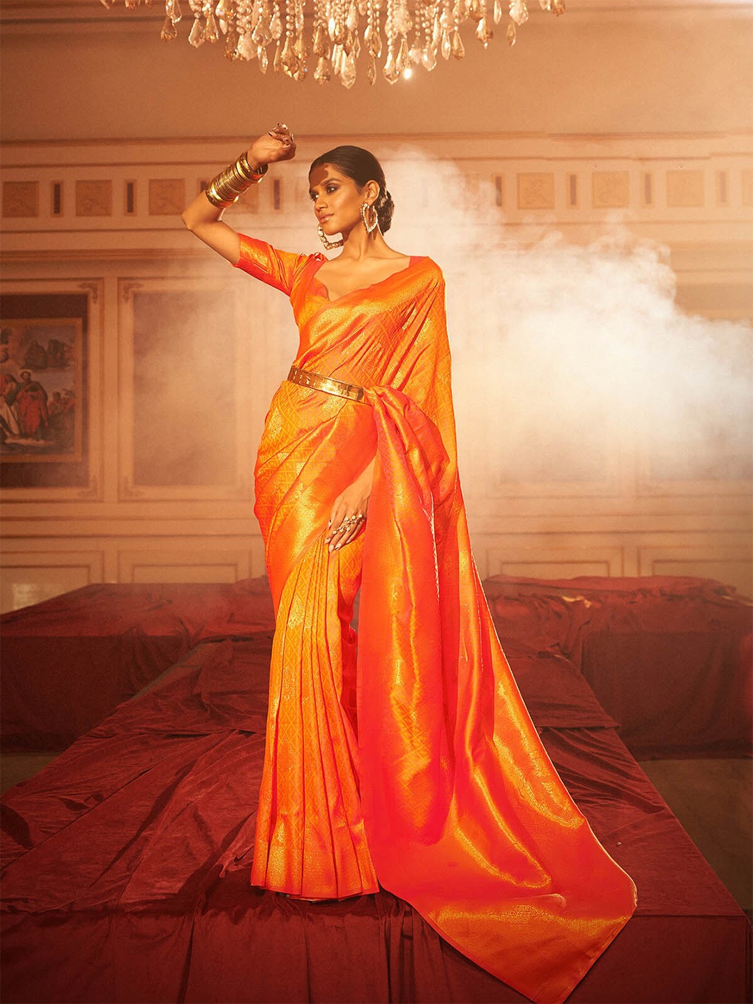

ODETTE Ethnic Motifs Woven Design Zari Silk Blend Saree, Orange