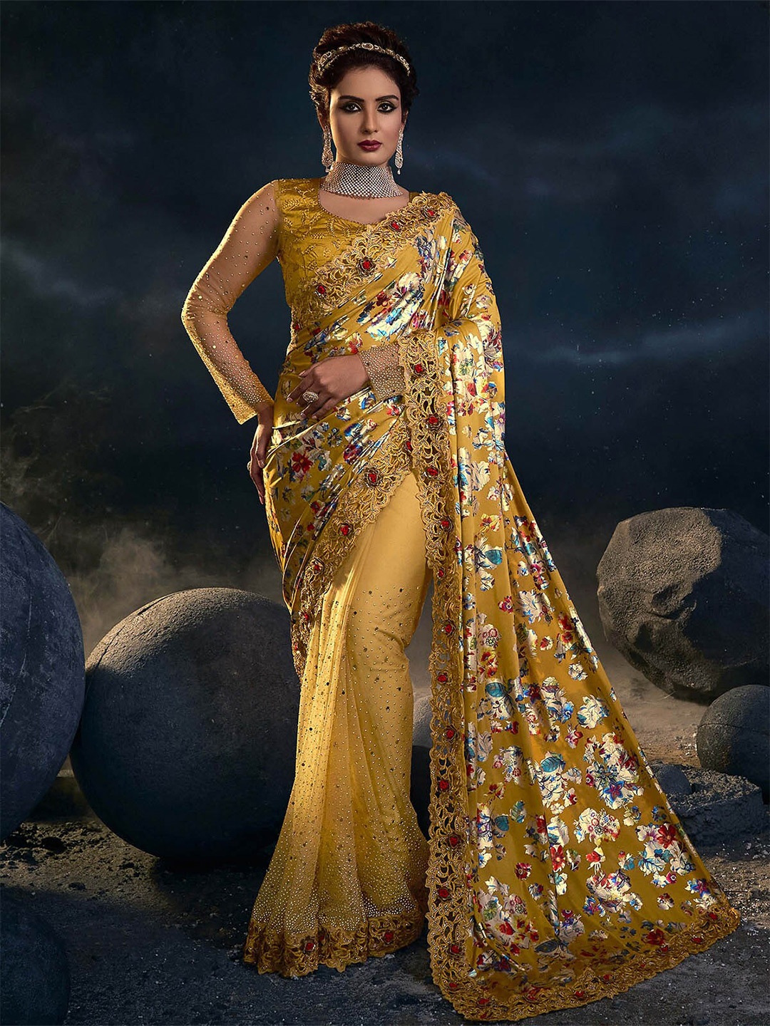 

ODETTE Floral Printed Embellished Net Saree, Mustard