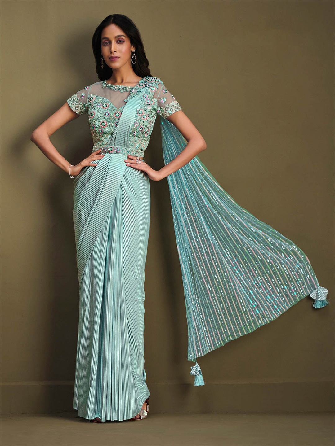 

ODETTE Striped Embroidered Saree, Blue
