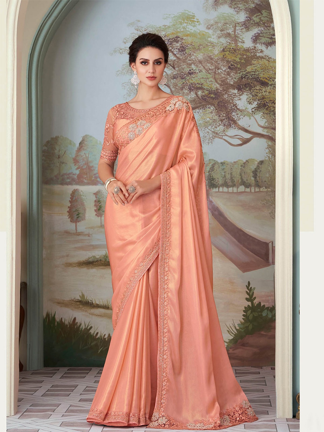 

ODETTE Floral Embroidered Sequined Silk Blend Saree, Peach