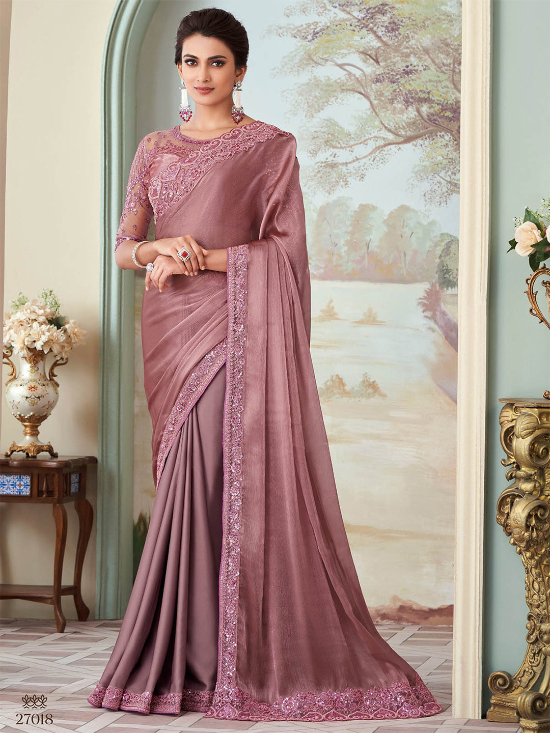 

ODETTE Embroidered Sequinned Saree, Pink