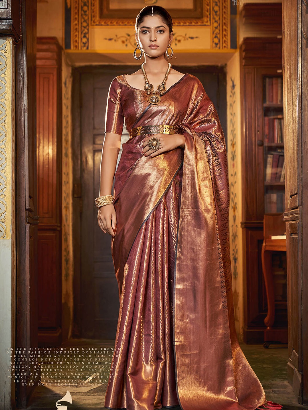 

ODETTE Ethnic Motifs Woven Design Zari Silk Blend Saree, Peach