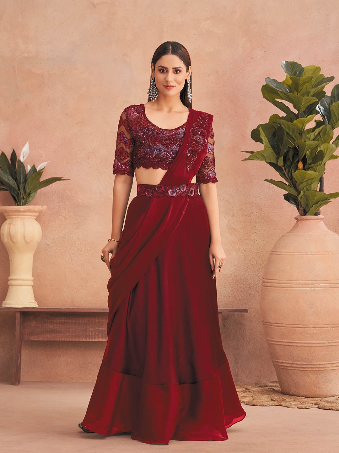 

ODETTE Embroidered Satin Ready To Wear Saree, Red