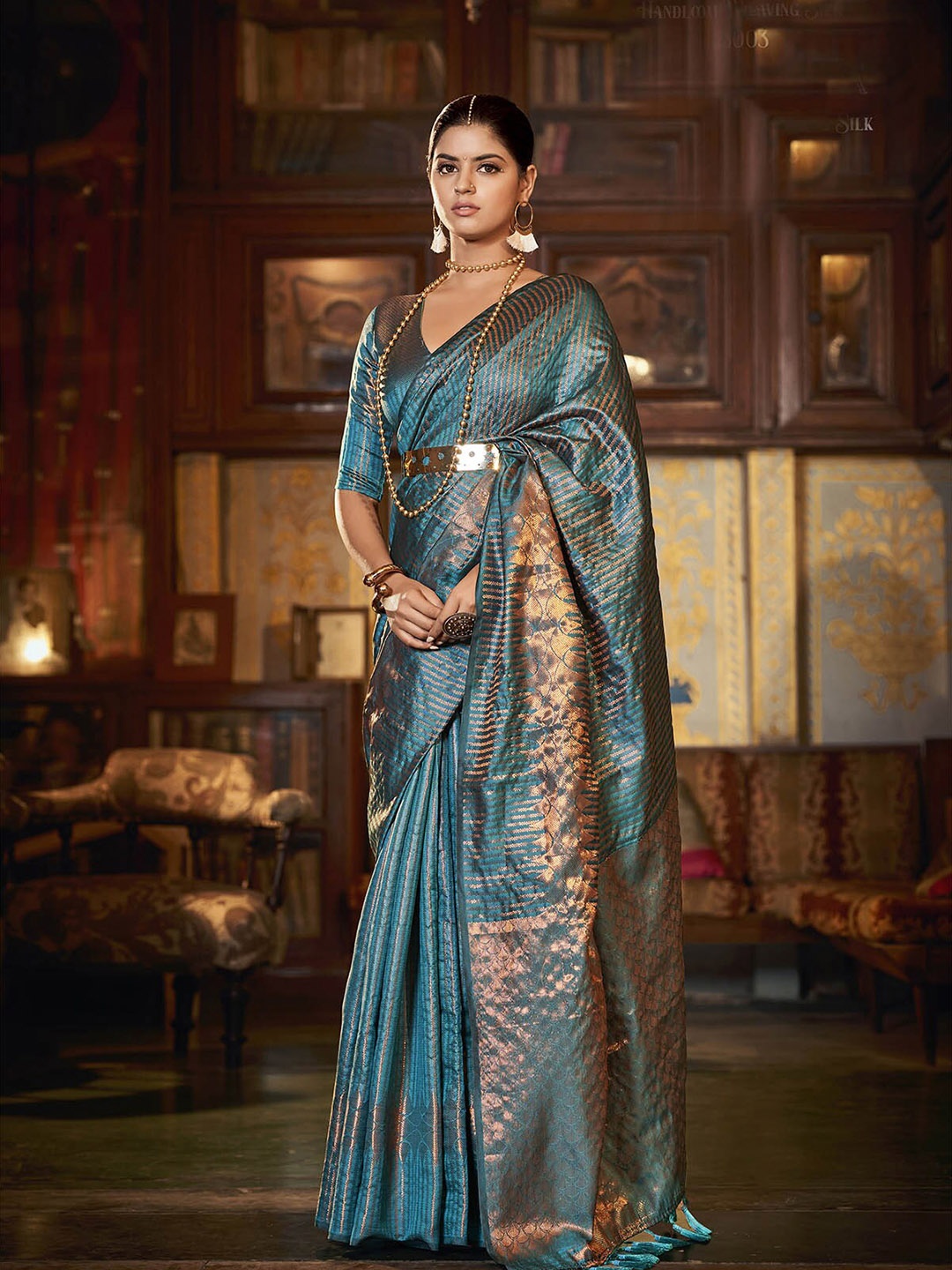 

ODETTE Woven Design Zari Silk Blend Saree, Blue