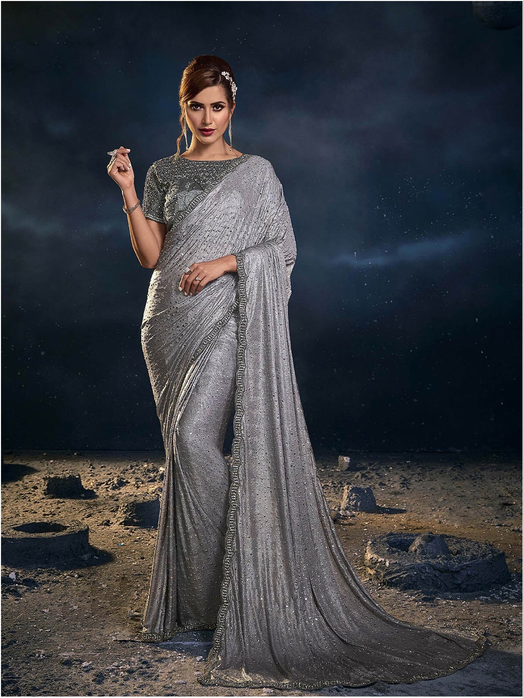 

ODETTE Embellished Beads and Stones Saree, Grey