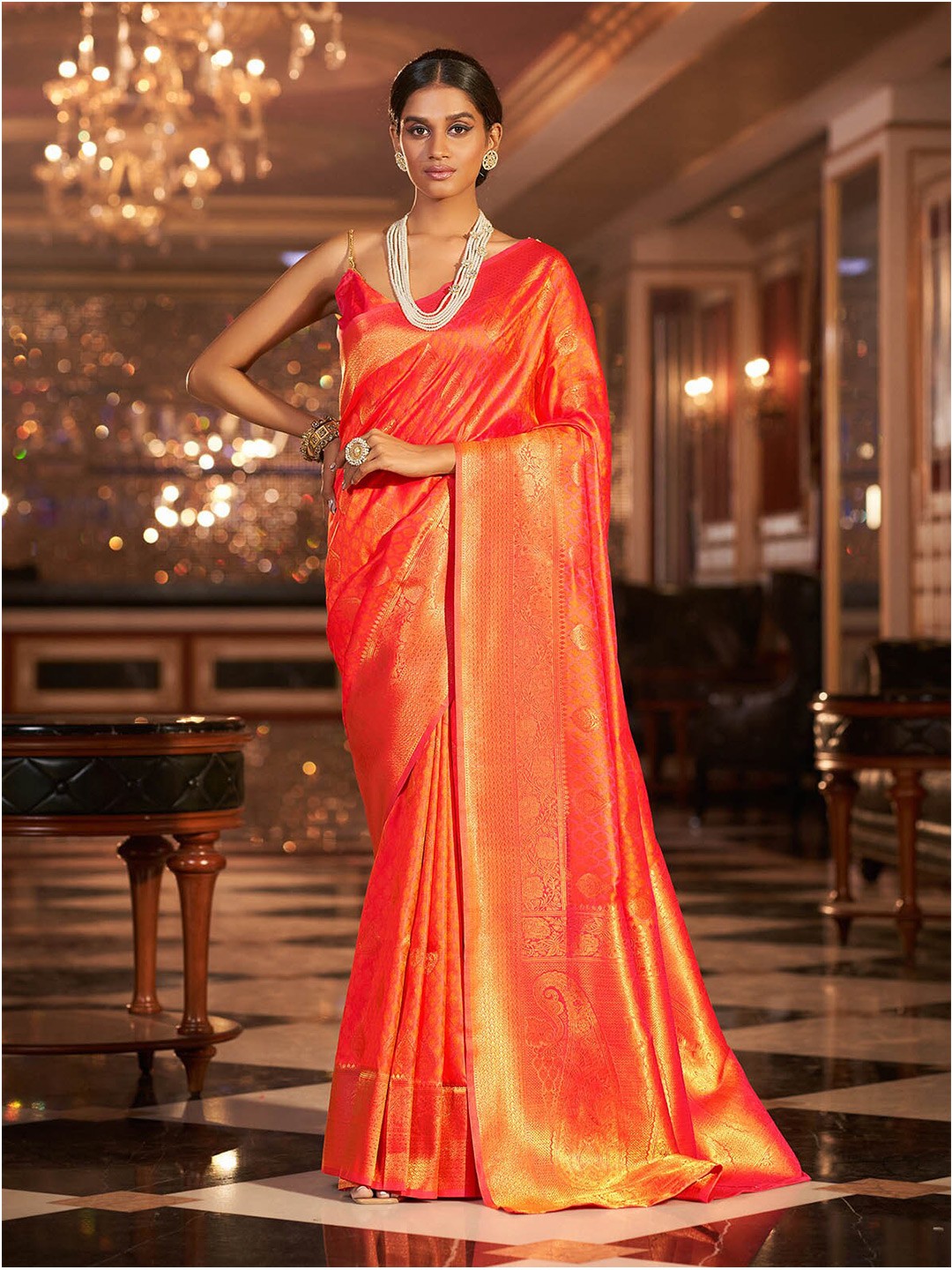 

ODETTE Ethnic Motif Woven Design Zari Saree, Orange