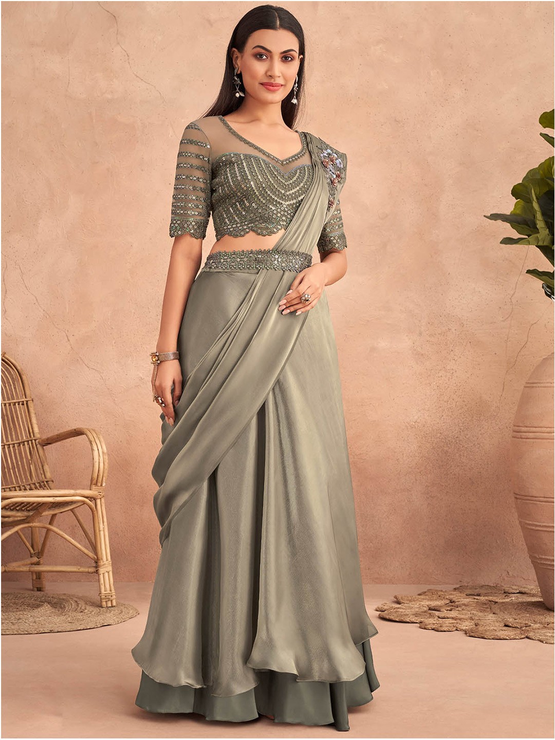 

ODETTE Embellished Satin Lehenga Saree, Green