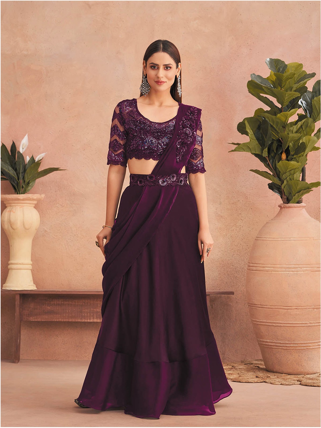 

ODETTE Embroidered Satin Lehenga Saree, Purple