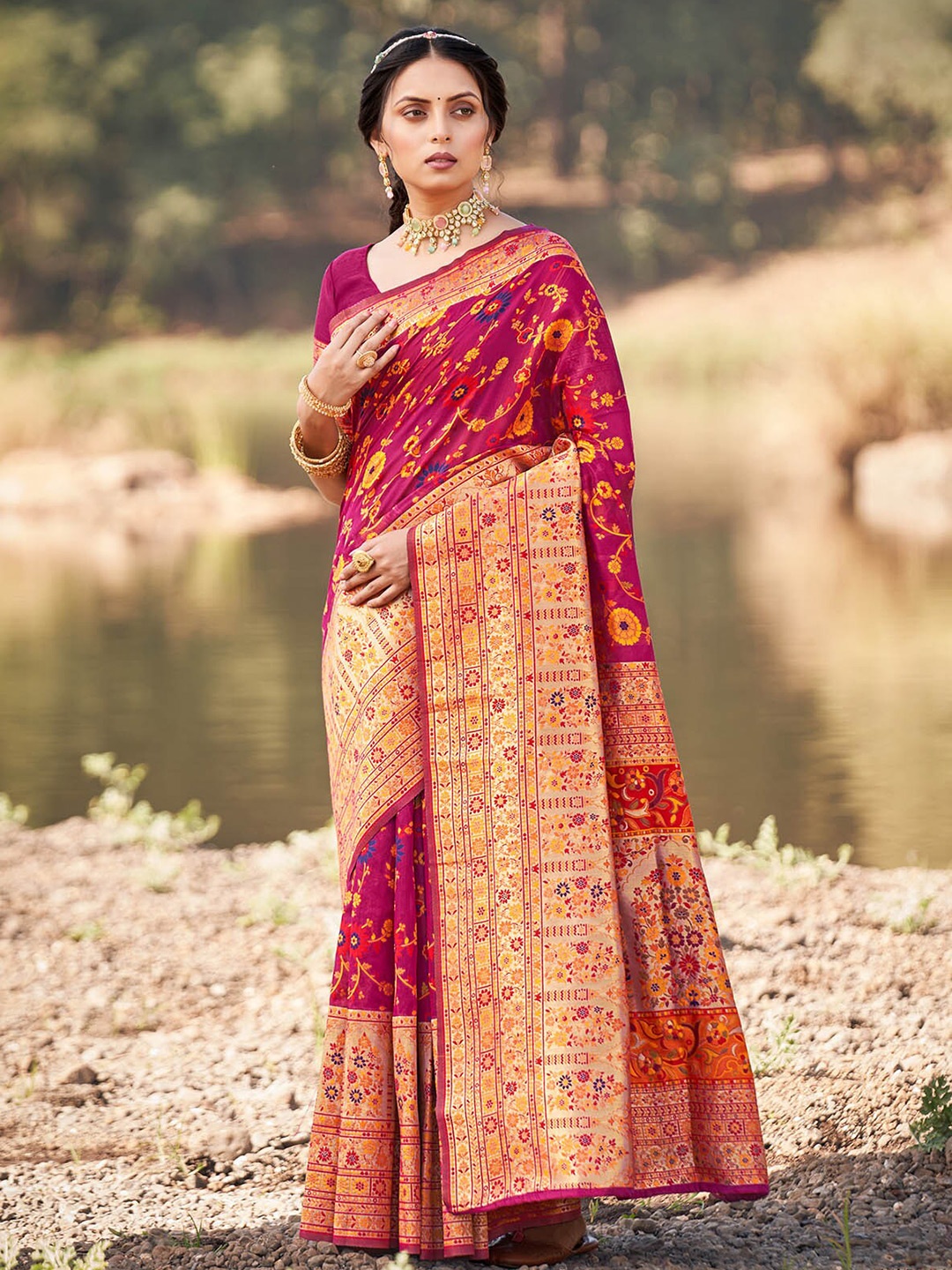 

ODETTE Floral Woven Design Zari Saree, Pink