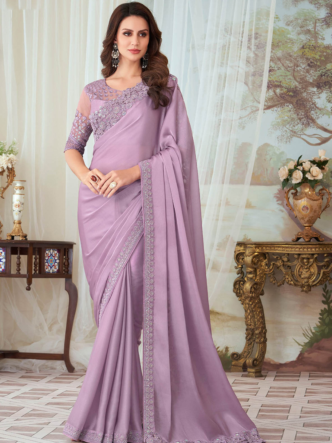 

ODETTE Sequin Embellished Saree, Purple