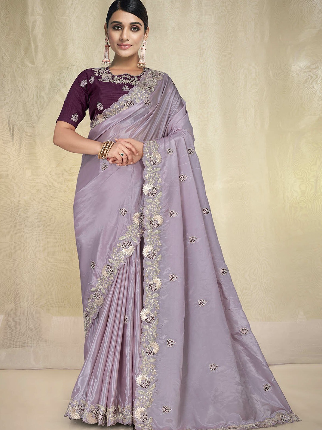 

ODETTE Floral Embroidered Sequinned Silk Blend Saree, Violet