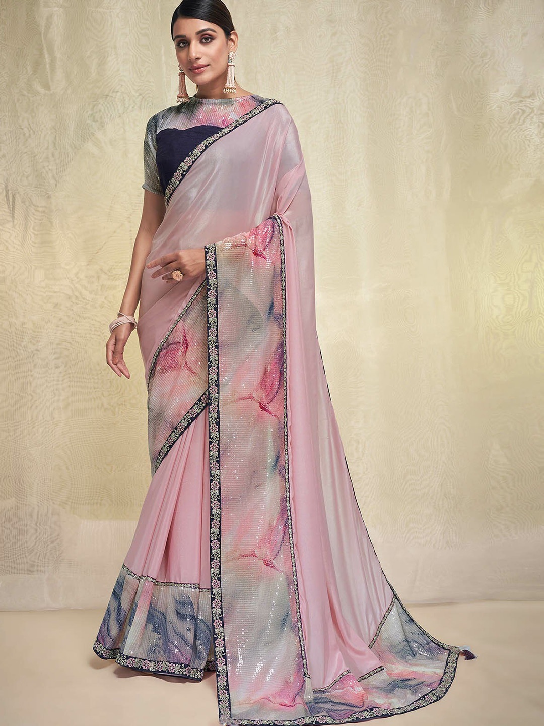 

ODETTE Sequinned Poly Georgette Saree, Pink