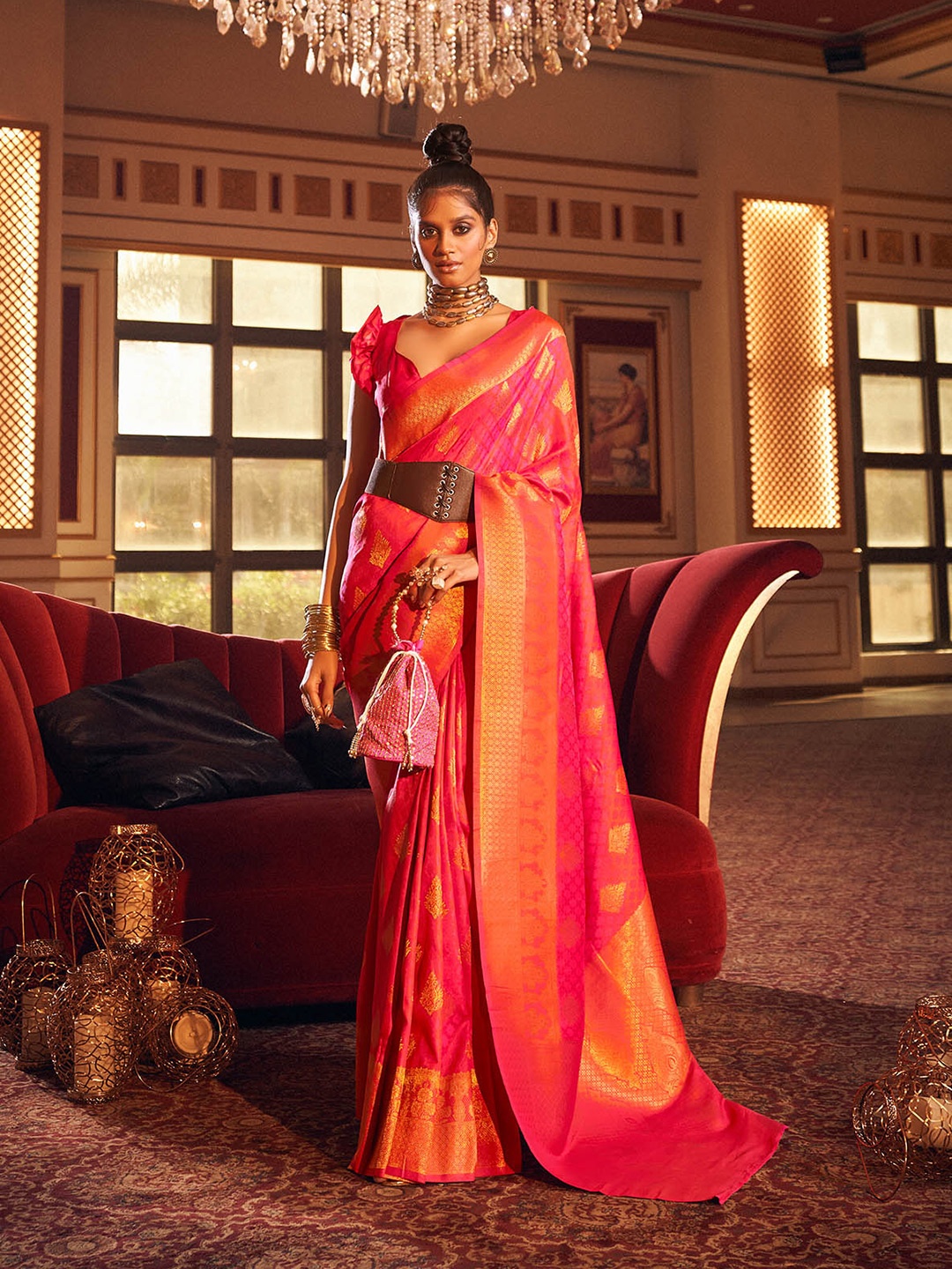 

ODETTE Ethnic Motifs Woven Design Zari Silk Blend Saree, Pink