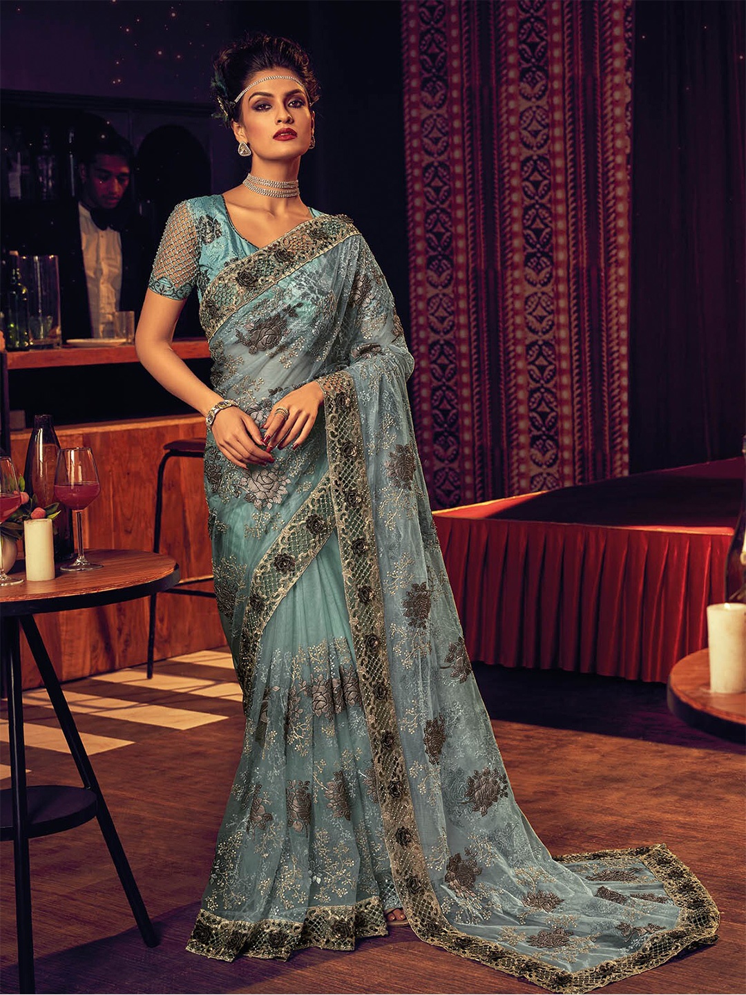 

ODETTE Floral Embroidered Sequinned Net Saree, Blue