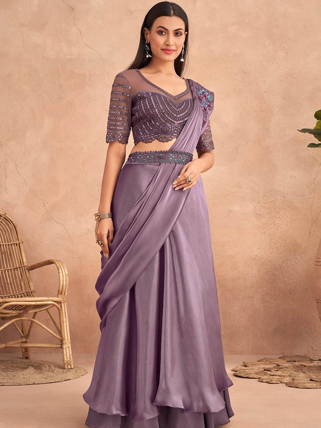 

ODETTE Embroidered Sequinned Satin Lehenga Saree, Purple