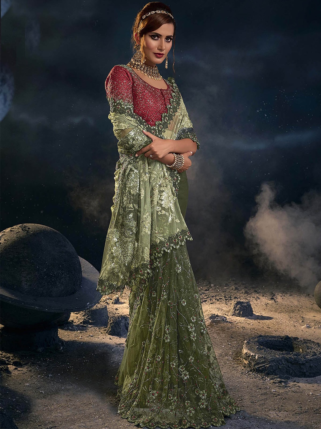 

ODETTE Sequin Embellished Net Saree, Olive