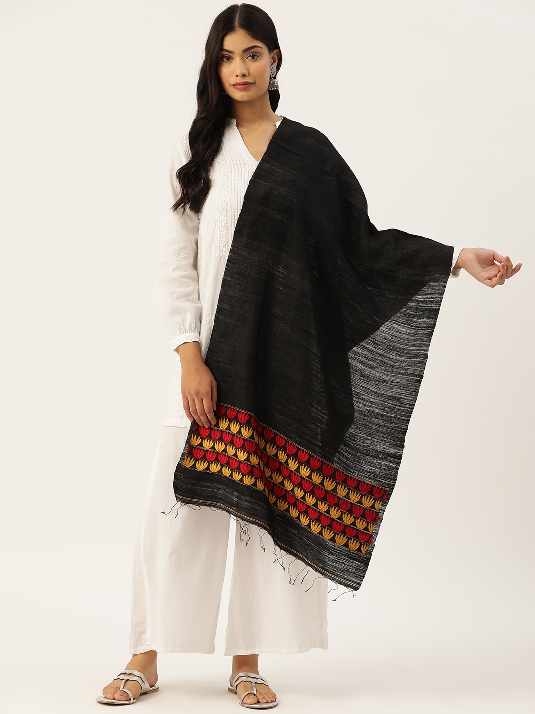

ArtEAstri Black Floral Silk Motka Jacquard Stole