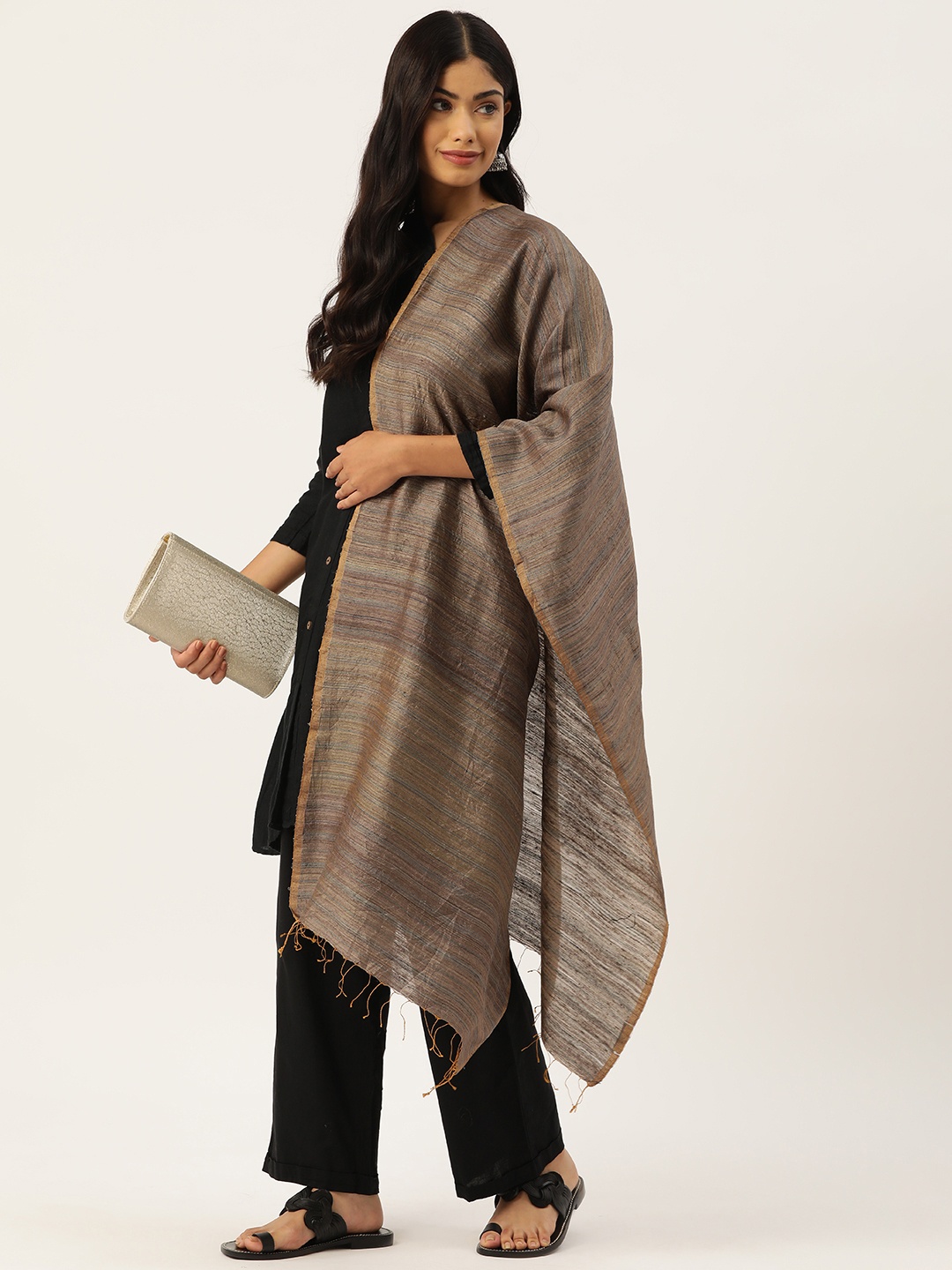 

ArtEastri Khaki & Blue Striped Silk Matka Stole