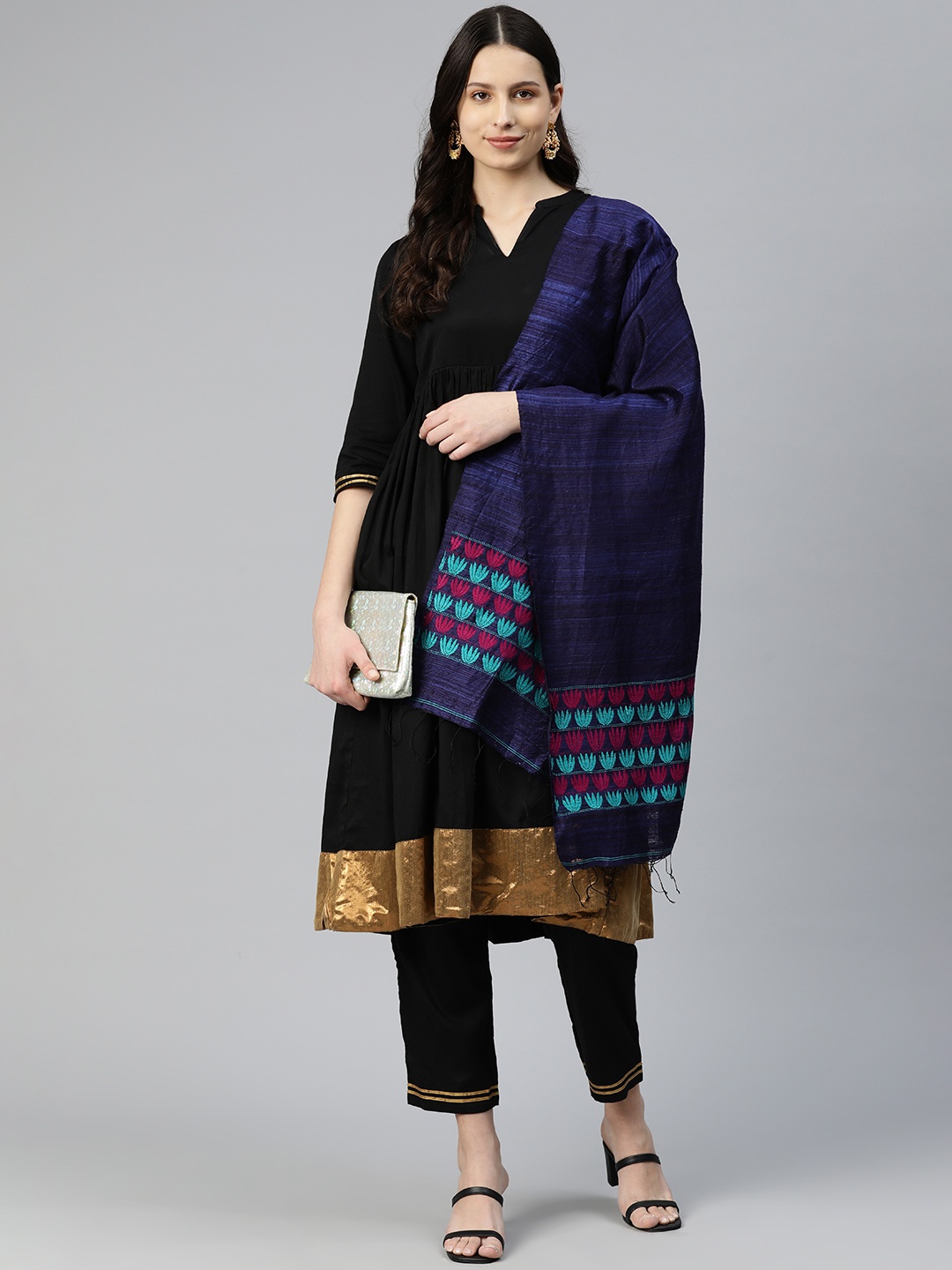 

ArtEastri Navy Floral Silk Motka Jacquard Stole, Navy blue