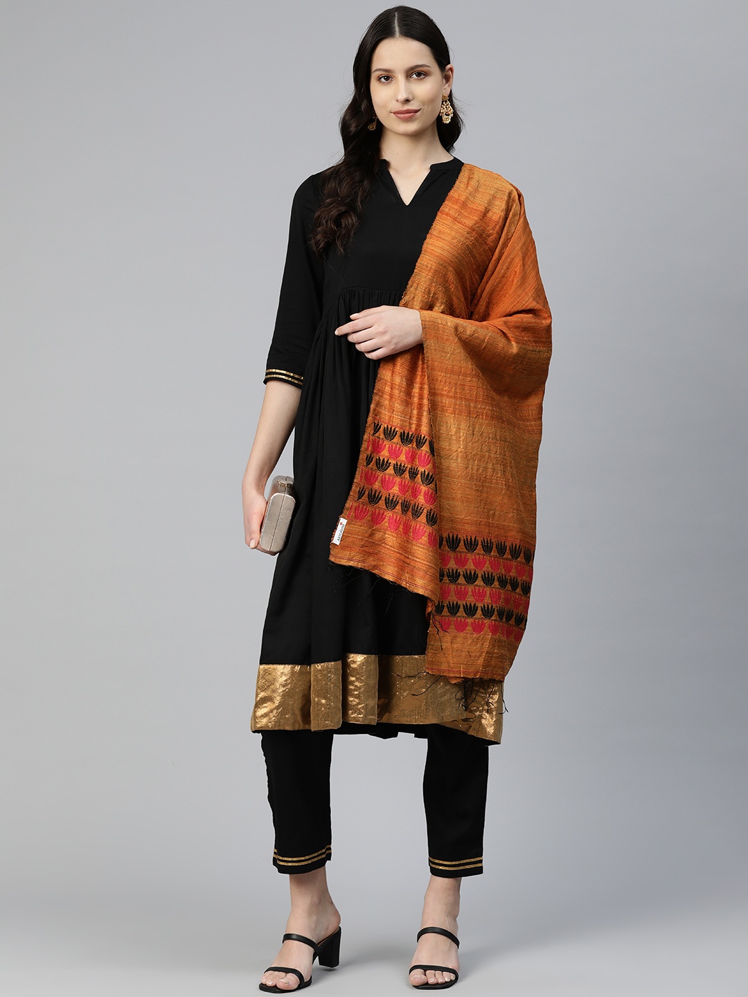 

ArtEastri Silk Motka Floral Jacquard Stole, Orange