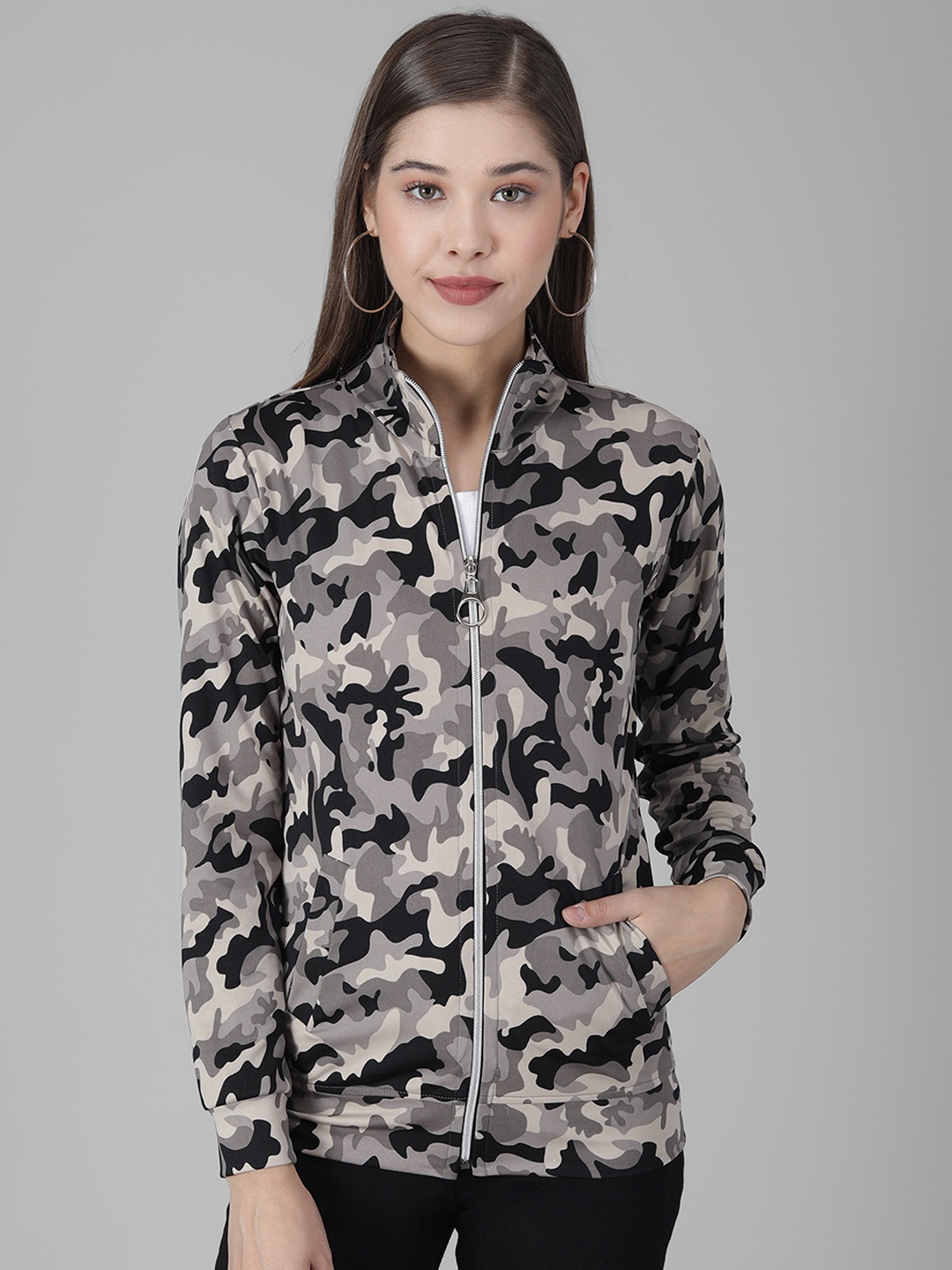

BAESD Camouflage Printed Stand Collar Tailored Jacket, Grey