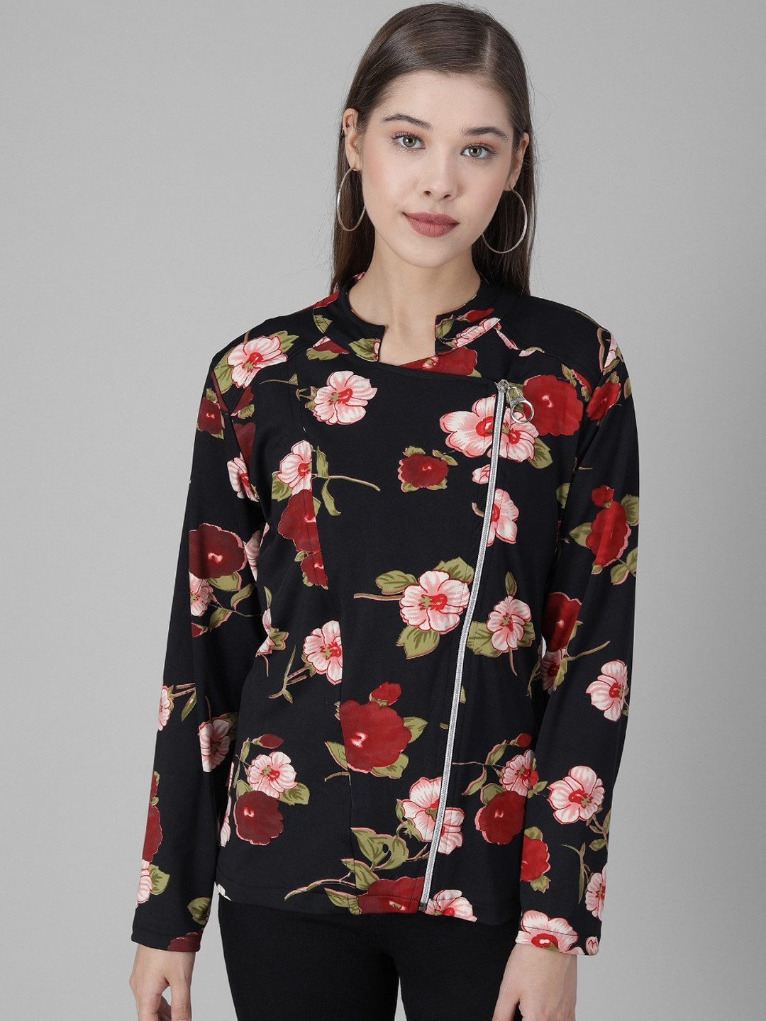 

BAESD Floral Printed Mandarin Collar Tailored Jacket, Black