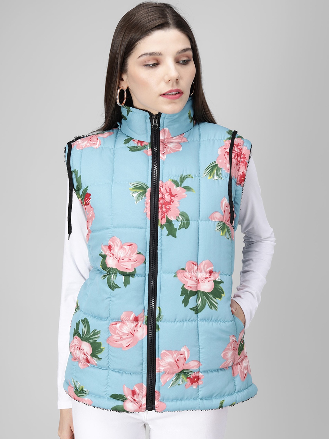 

BAESD Floral Printed Stand Collar Sleeveless Padded Jacket, Blue