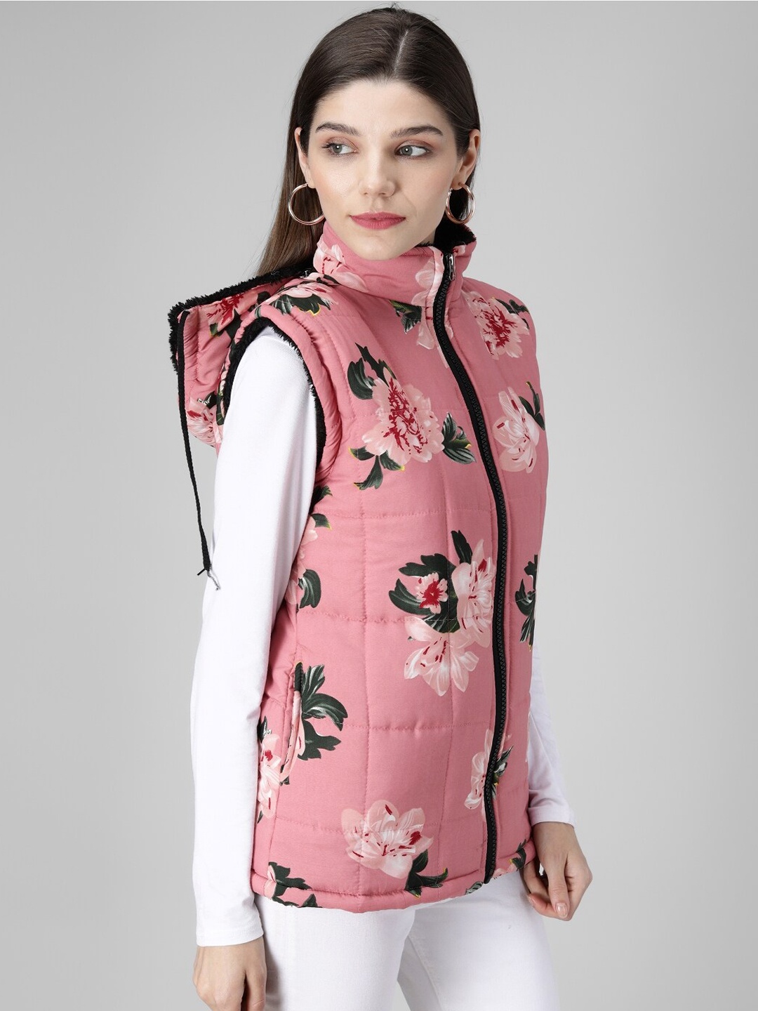 

BAESD Floral Printed Stand Collar Sleeveless Padded Jacket, Pink