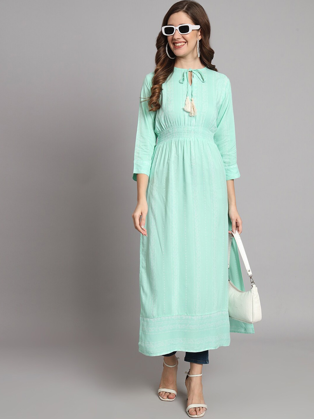 

Funday Fashion Ethnic Motifs Printed Tie-Up Neck Kurta, Sea green