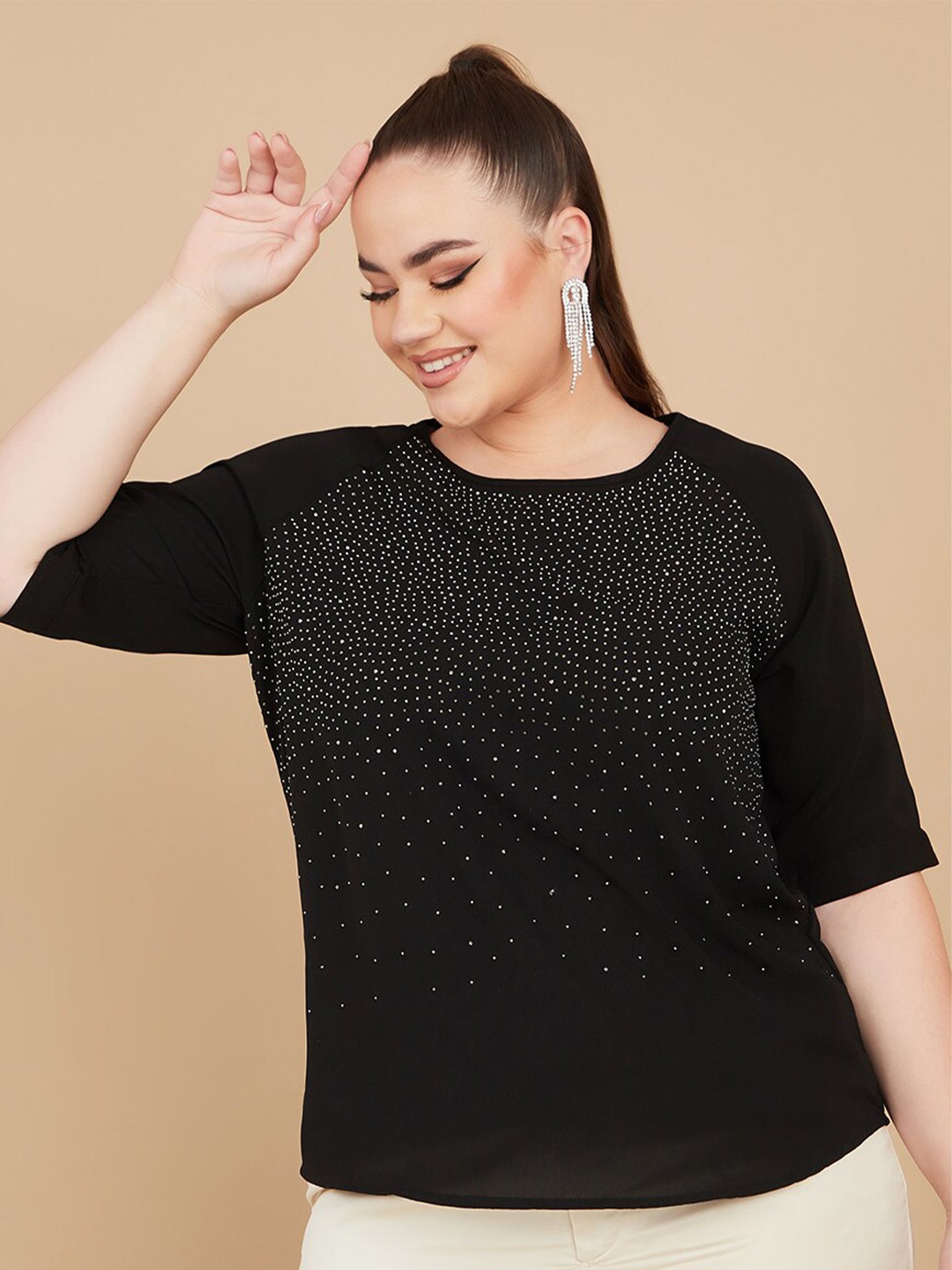 

Styli Plus Size Embellished Raglan Sleeves Top, Black