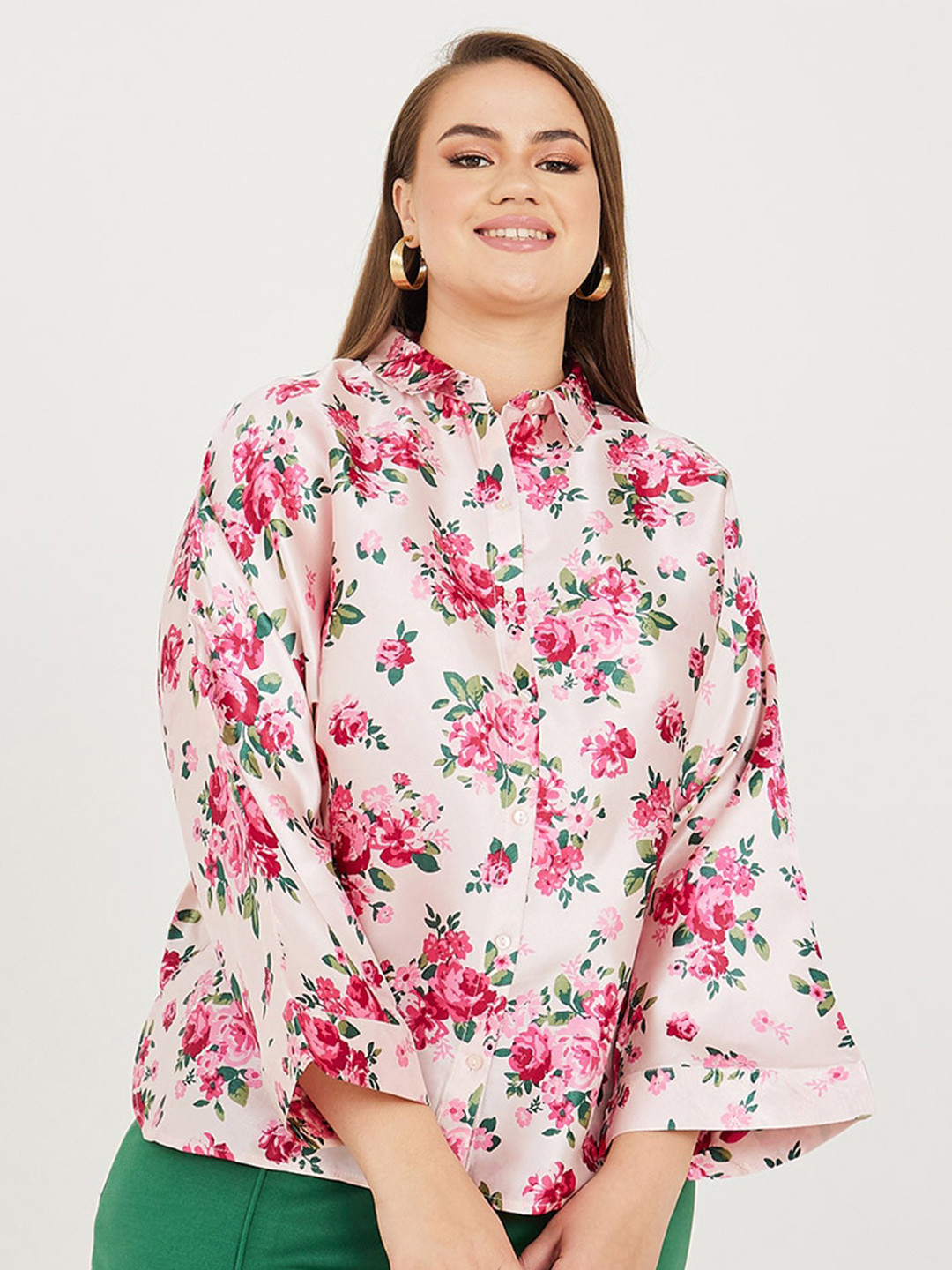 

Styli Plus Size Floral Printed Bell Sleeve Shirt Style Top, Rose