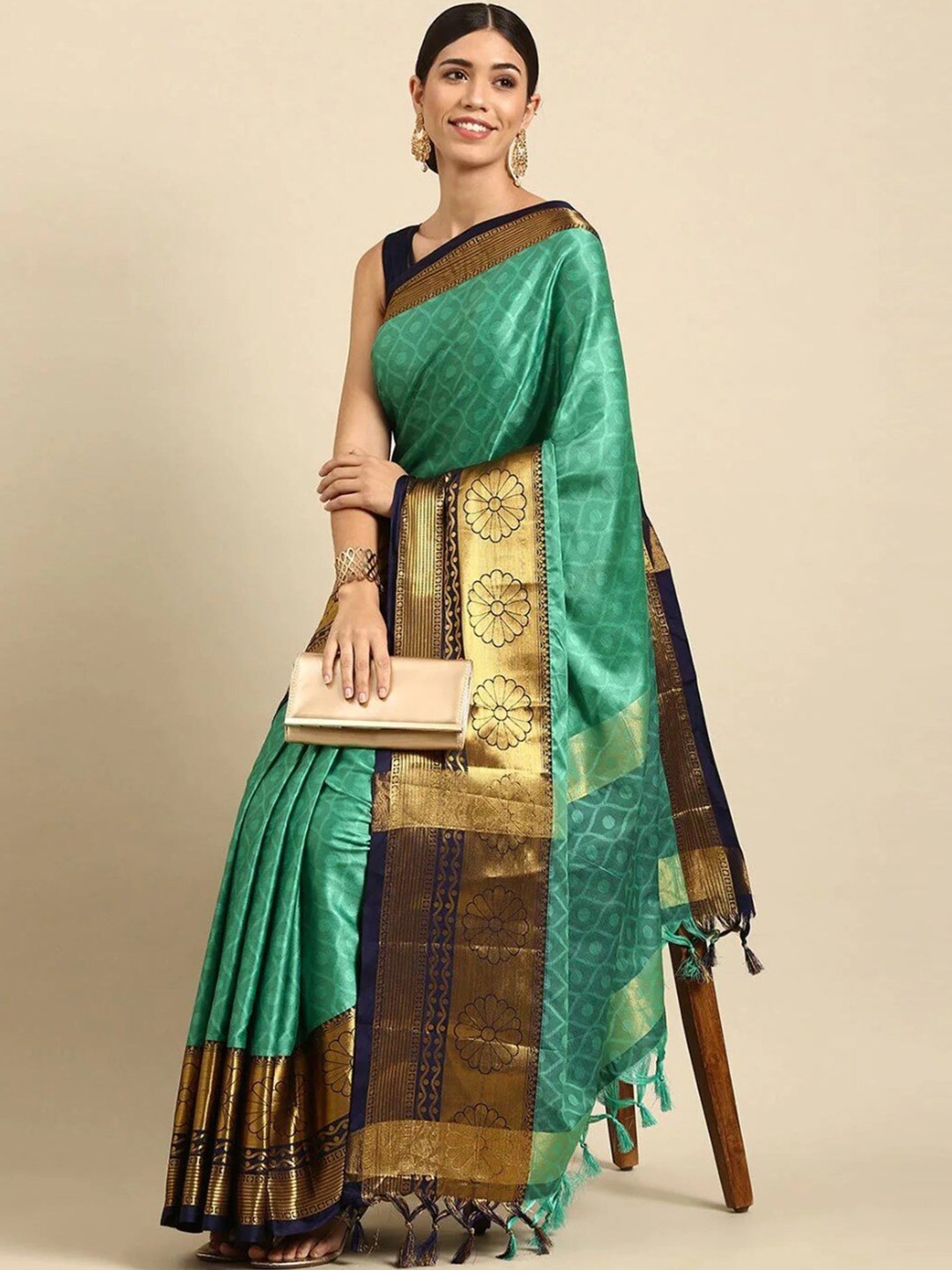 

Anjaneya Sarees Woven Design Zari Silk Blend Banarasi Saree, Teal