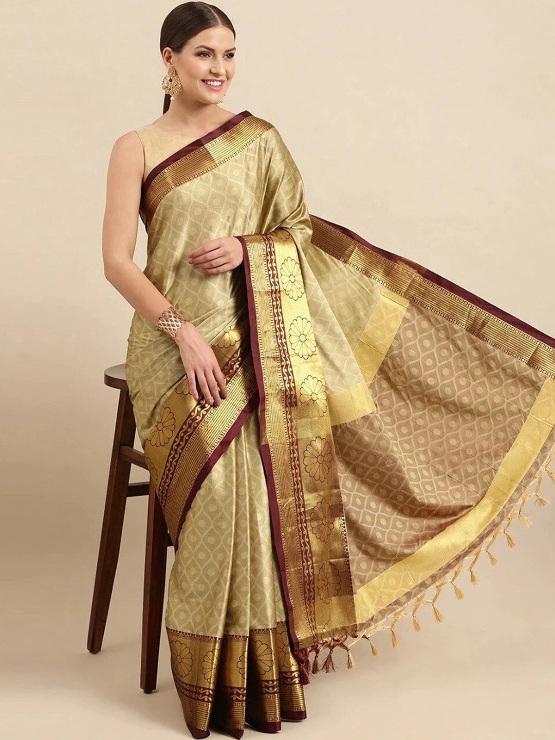 

Anjaneya Sarees Woven Design Zari Silk Blend Banarasi Saree, Beige