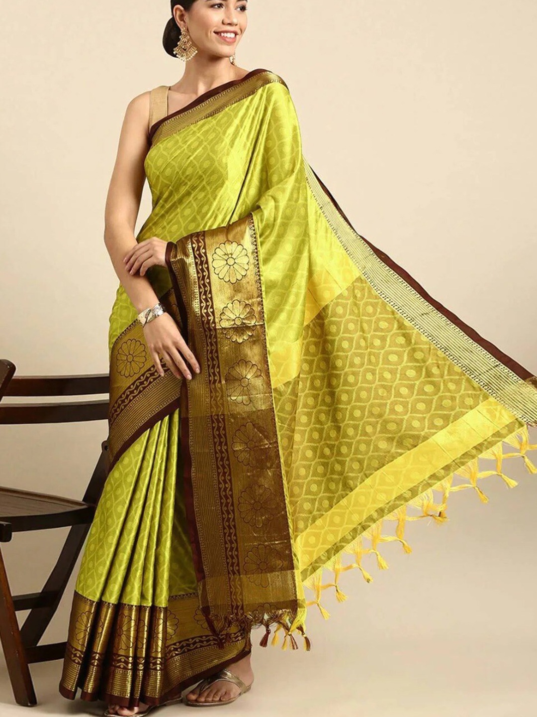 

Anjaneya Sarees Ethnic Motifs Woven Design Zari Silk Blend Banarasi Saree, Yellow