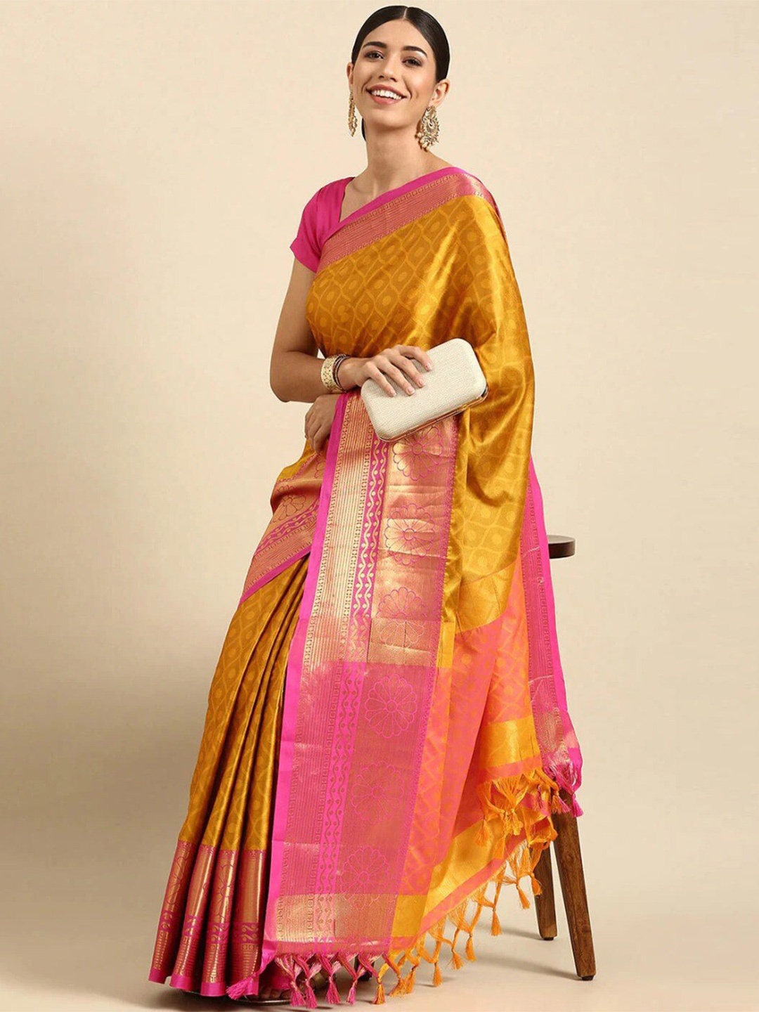 

Anjaneya Sarees Ethnic Motifs Woven Design Zari Silk Blend Banarasi Saree, Orange
