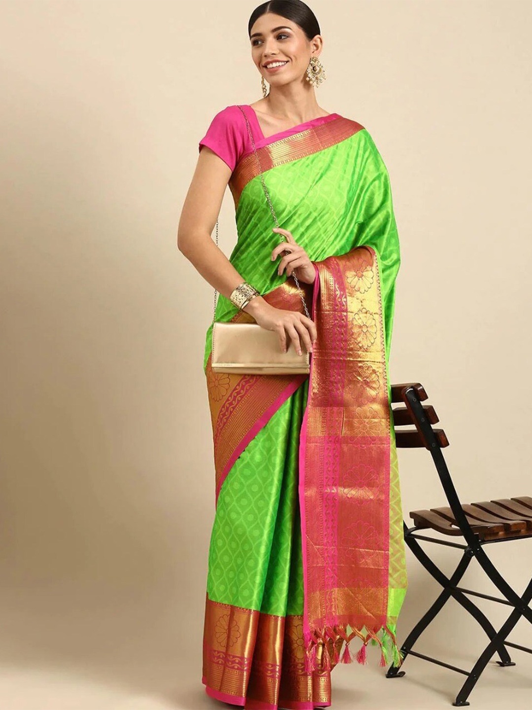 

Anjaneya Sarees Ethnic Motifs Woven Design Zari Silk Blend Banarasi Saree, Green