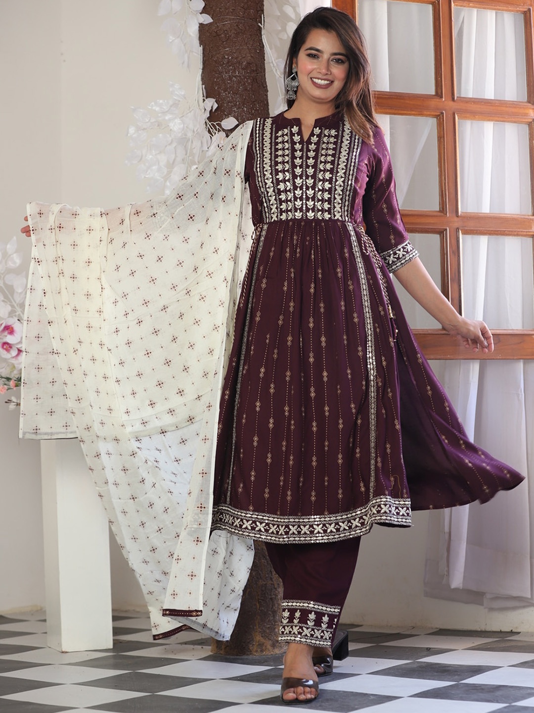 

TOULIN Ethnic Motifs Printed Kurta With Palazzos & Dupatta, Burgundy