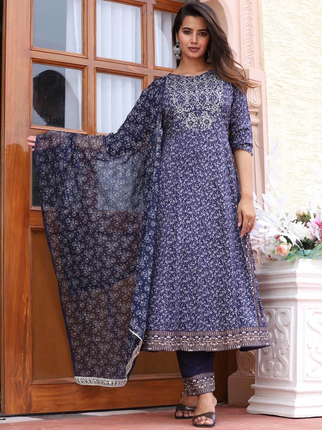 

TOULIN Floral Printed A-Line Kurta With Palazzos & Dupatta, Blue