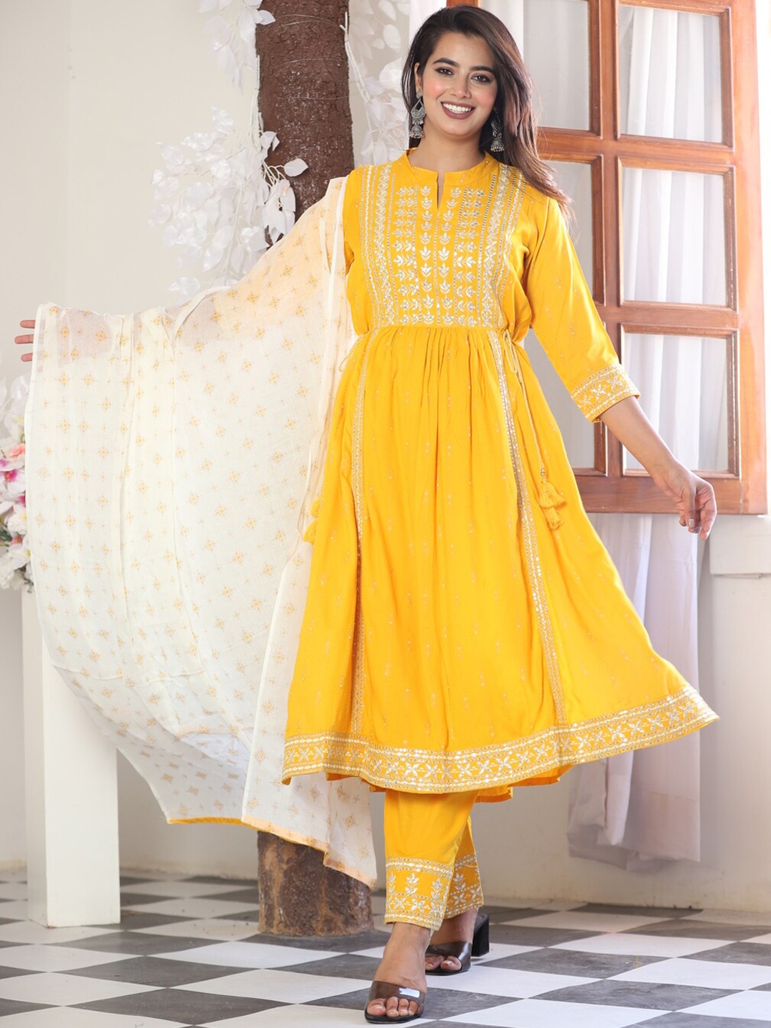

TOULIN Ethnic Motifs Embroidered Empire Kurta With Palazzos & Dupatta, Yellow