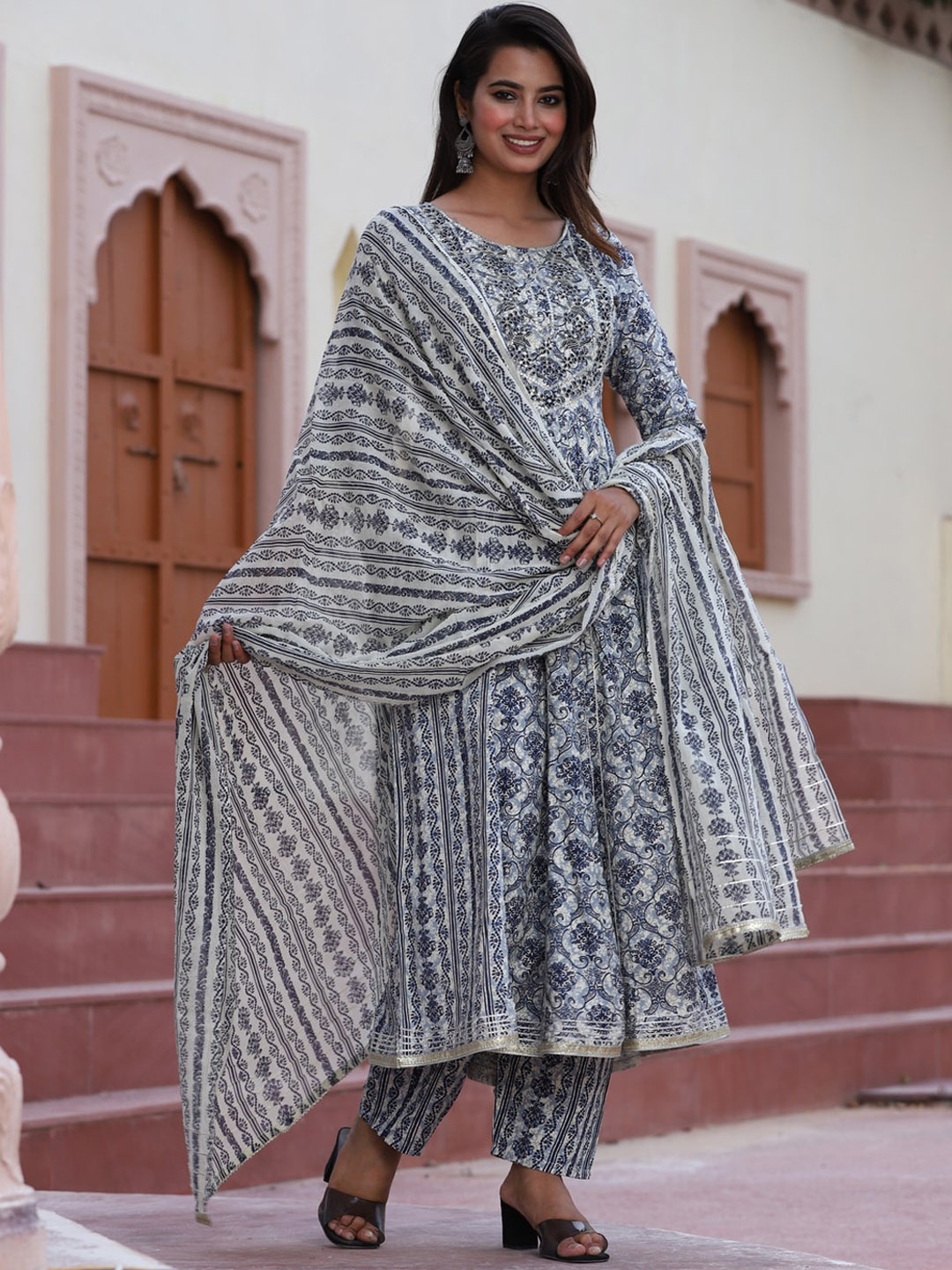 

TOULIN Floral Printed Flared Kurta With Palazzos & Dupatta, Blue