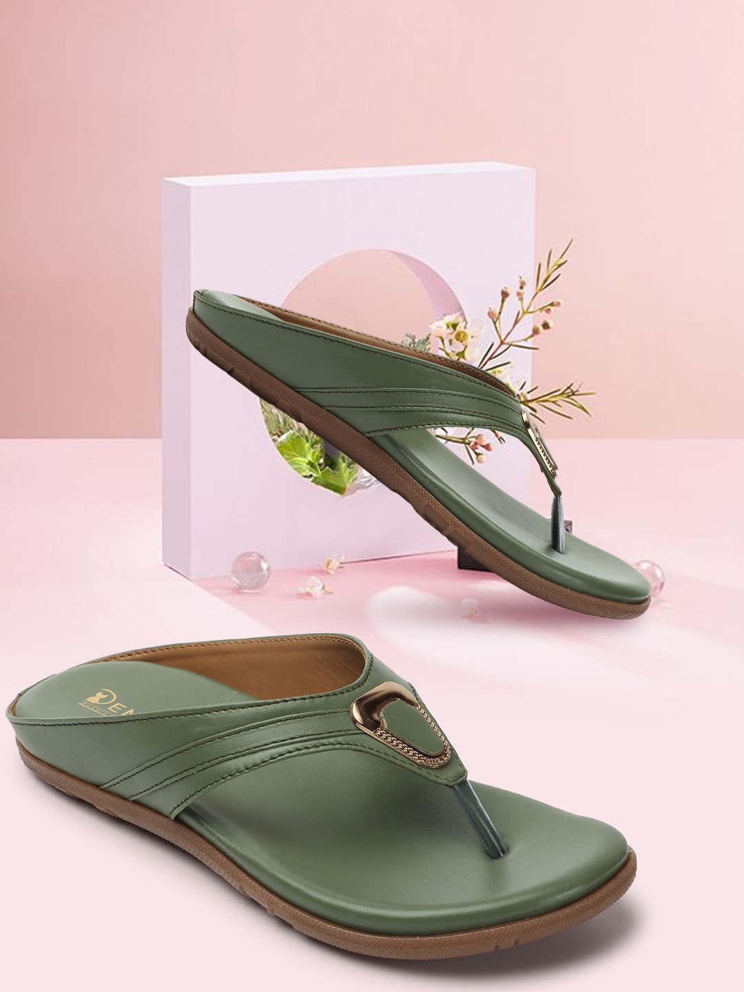 

Denill Buckled Open Toe T-Strap Flats, Green