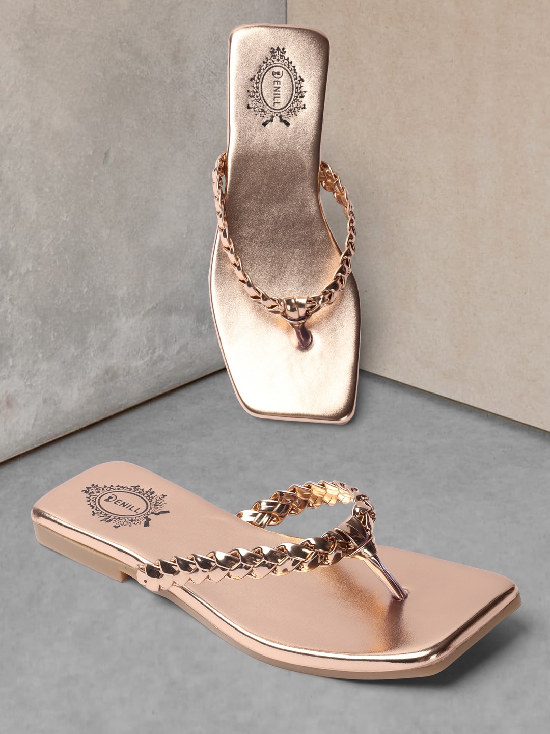 

Denill Braided Open Toe T-Strap Flats, Gold