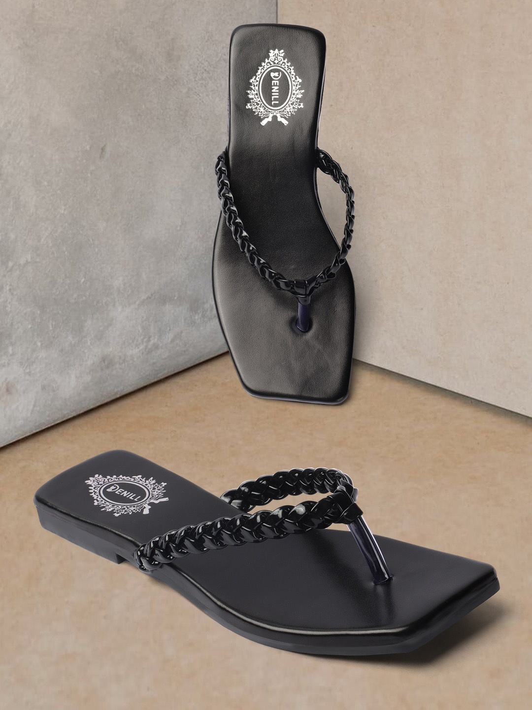 

Denill Braided Open Toe T-Strap Flats, Black