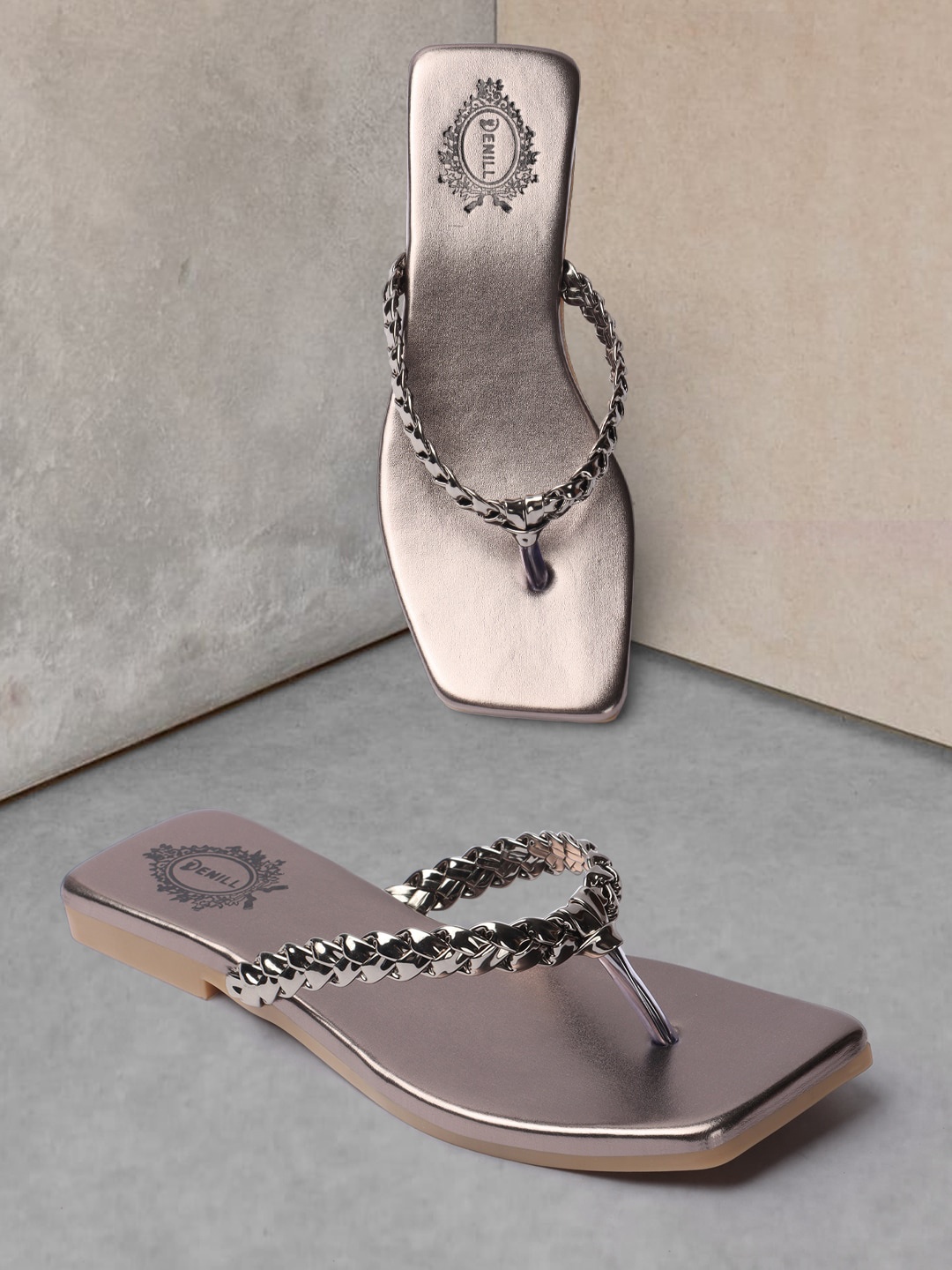 

Denill Braided Open Toe T-Strap Flats, Metallic