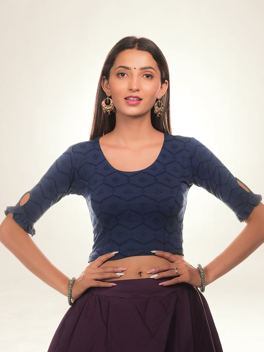 

Bindigasm's Advi Printed Stretchable Saree Blouse, Navy blue
