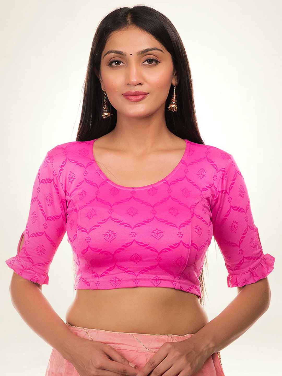 

Bindigasm's Advi Printed Stretchable Saree Blouse, Pink