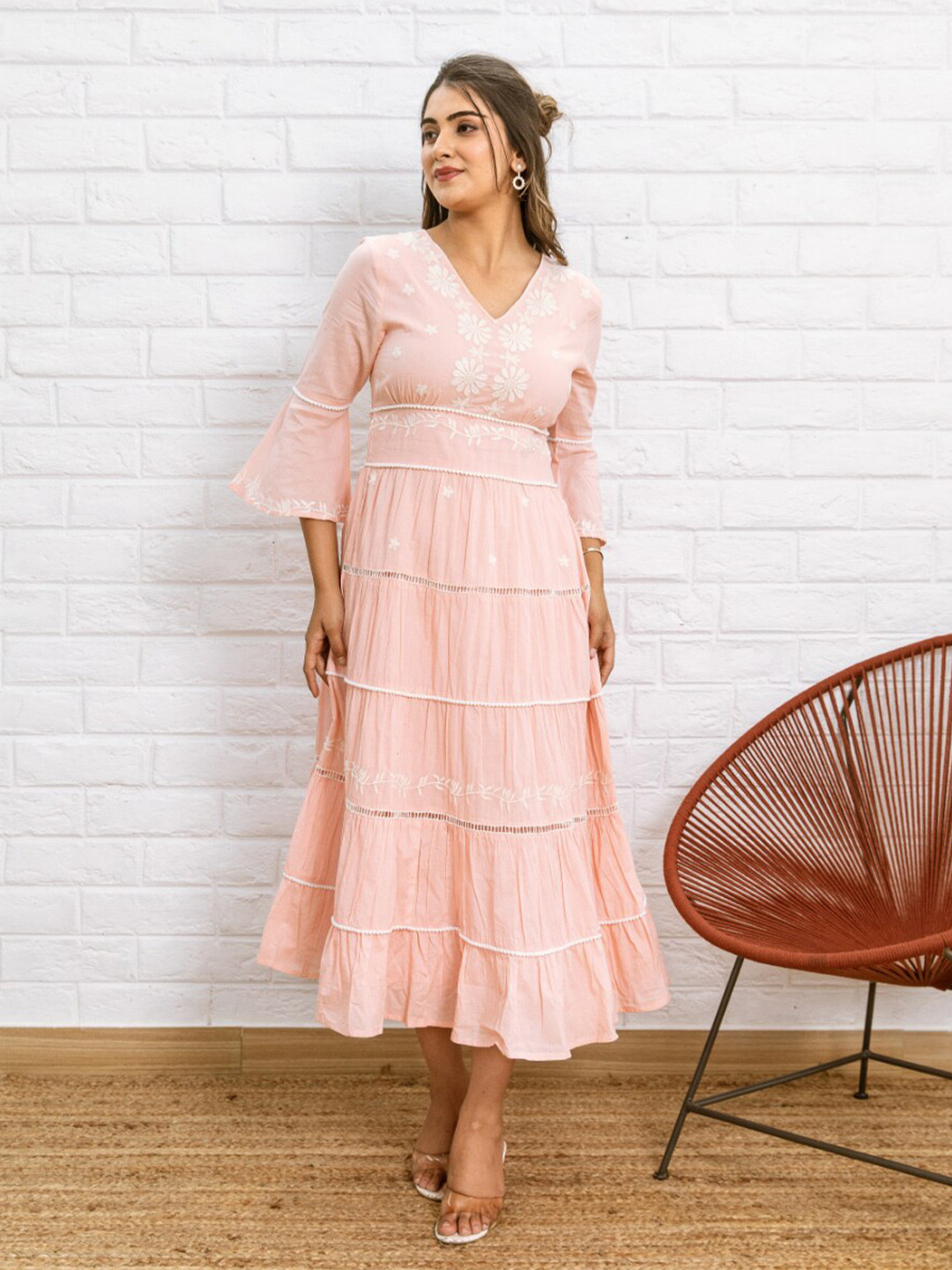 

Aadews V-NecK Bell Sleeves Embroidered Detailed A-Line Midi Dress, Pink
