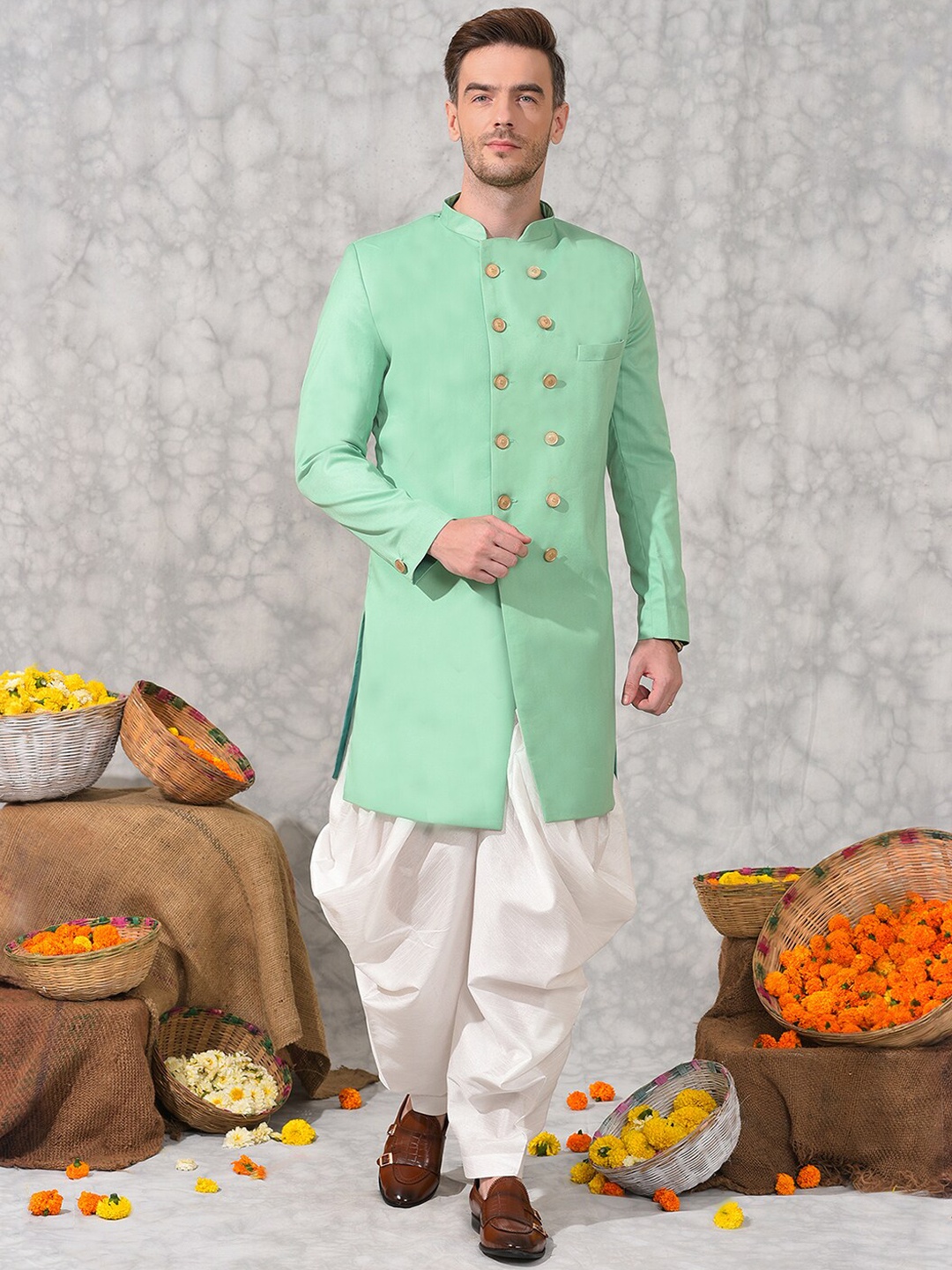 

Hangup Mandarin Collar Sherwani Set, Turquoise blue
